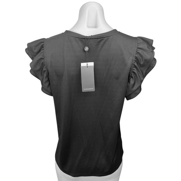 NEW Adrianna Papell Kaia Black Flutter Sleeve Ribbed Knit Crop Tee Blouse Top S - Picture 2 of 5